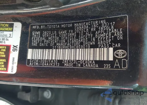 2017 Toyota Corolla L z USA, uszkodzony, nr VIN 2T1BURHE9HC869019